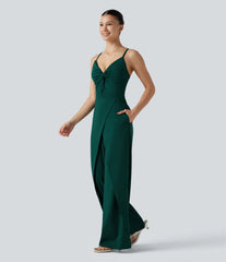Wrap Split Hem Built-in Bra Casual Slip Baggy Jumpsuit with Pockets-Easy Peezy