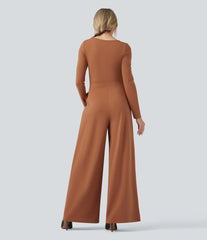 U-Neck Long Sleeve Wide Leg Casual Jumpsuit with Pockets