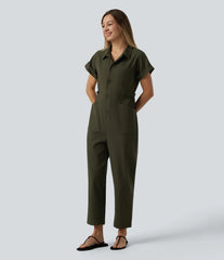 Short Sleeve Casual Jumpsuit with Pockets