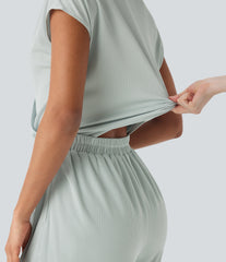 V Neck Short Sleeve Pocket Wide Leg Flowy Waffle Casual Jumpsuit-Easy Peezy Edition