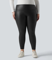 Plus Size High Waisted Tummy Control Stretchy PU Fleece 7/8 Skinny Casual Leggings with Pockets