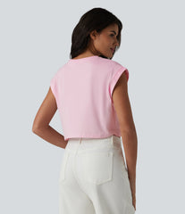 Round Neck Cap Sleeve Cropped Casual Cotton T-Shirt