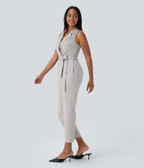 Sleeveless Pockets Belted Tapered Work Jumpsuit