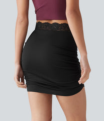 High Waisted Contrast Lace Ruched Curved Hem 2-in-1 Mini Bodycon Party Skirt