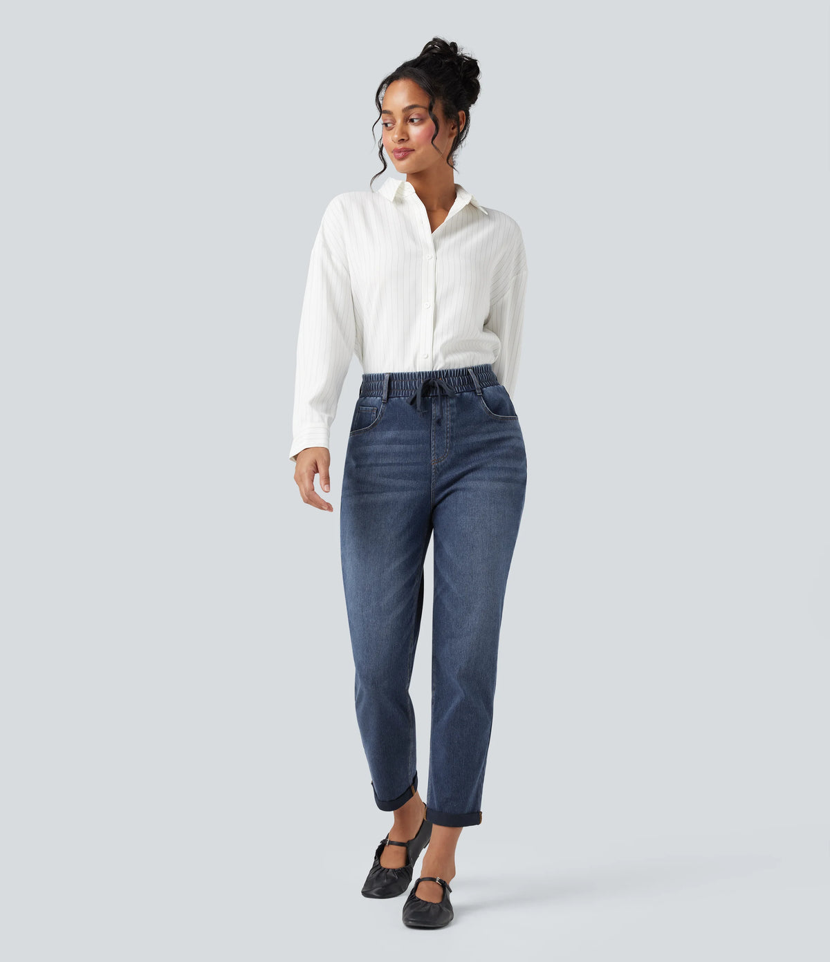Halara Flex™ High Waisted Drawstring Rolled Hem Casual Slim Jeans with Pockets