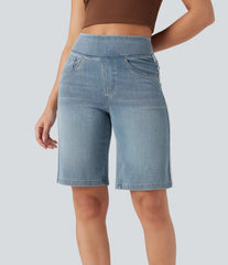 Halara Flex™ High Waisted Stripe Washed Denim Casual Baggy Bermuda Shorts with Pockets