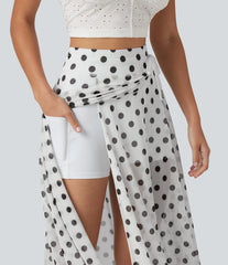 High-waisted Drawstring  Polka Dot Mesh 2-in-1 Midi Flowy Flare Resort Skirt with Pockets