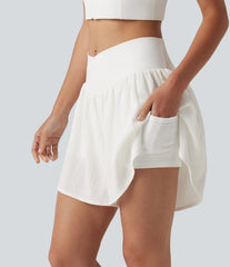 Crossover High-waisted Split Hem 2-in-1 Crinkle Running Shorts with Pockets