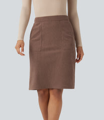 High Waisted  A-line Split Corduroy Casual Skirt with Pockets