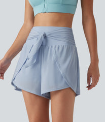 SoftlyZero™ Airy High Waisted Tie Front Contrast Mesh 2-in-1 InstantCool Running Shorts 3" with Pockets-UPF50+