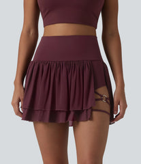 High Waisted 2-in-1 Asymmetric Hem Mini Breathable Mesh Dance Tiered Skirt with Pockets