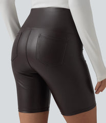 High Waisted Tummy Control Stretchy PU Casual Biker Shorts 7'' with Pockets