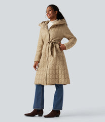 Hooded Belted Longline Casual Quilted Jacket with Pockets