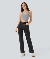 Halara Flex™ High Waisted Zipper Pockets Straight Leg Casual Jeans