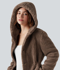 Hooded Drawstring Curved Hem Relaxed Casual Sherpa Jacket with Pockets