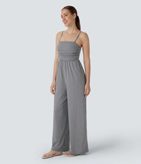 Adjustable & Removable Strap Ruched Pocket Plaid Casual Jumpsuit