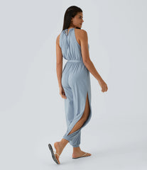 Sleeveless Tie Back Belted Pocket Cut Out InstantCool Jumpsuit-UPF50+