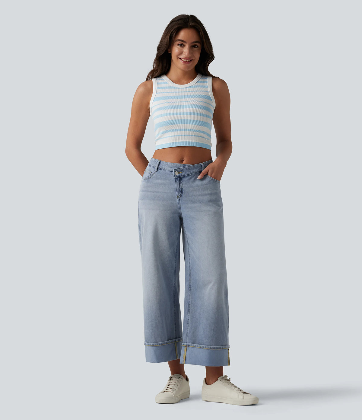 Halara Flex™ Asymmetric Mid Rise Rolled Hem Wide Leg Casual Jeans with Pockets