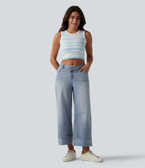 Halara Flex™ Asymmetric Mid Rise Rolled Hem Wide Leg Casual Jeans with Pockets