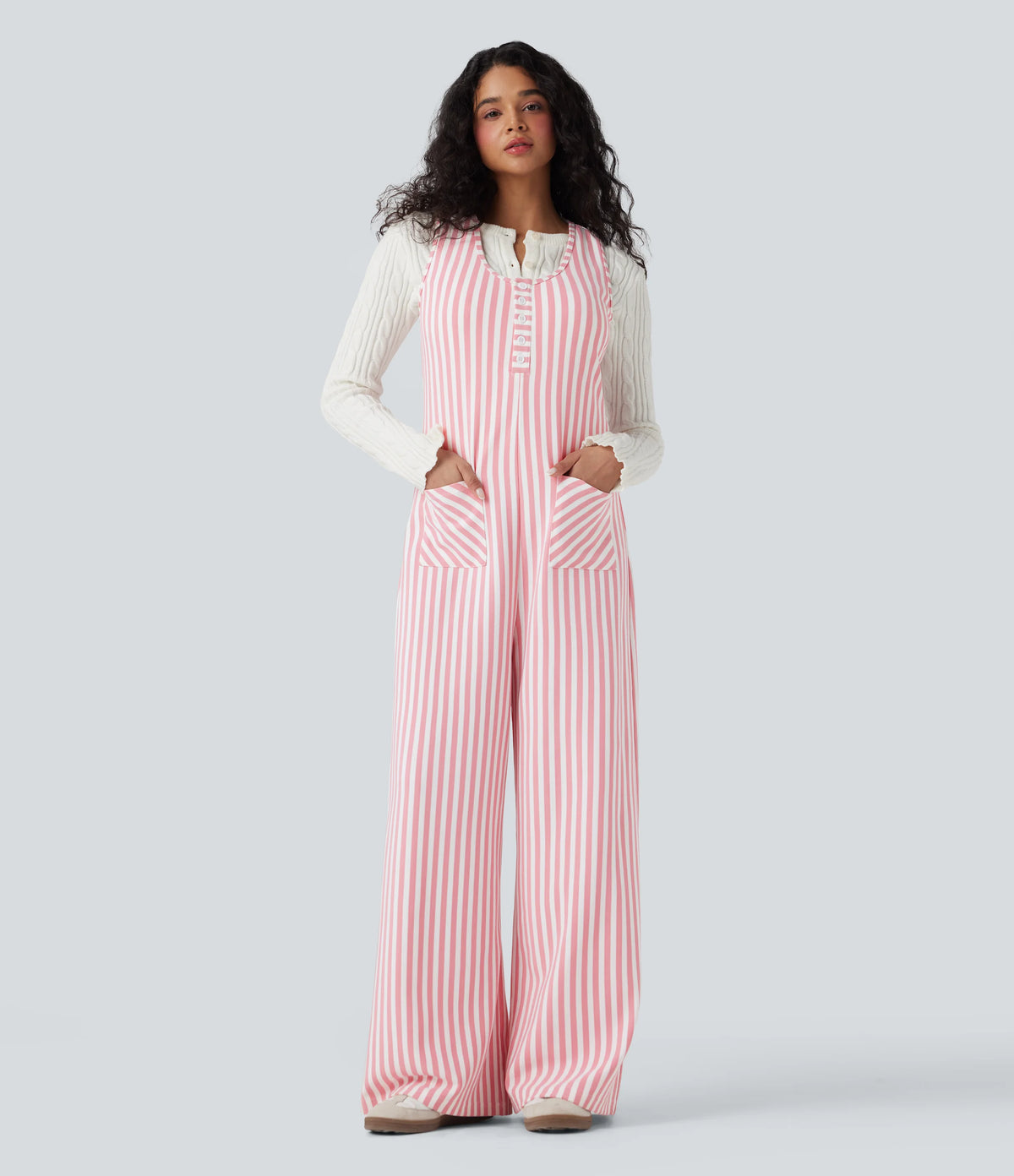 U-Neck Sleeveless Stripe Waffle Casual Jumpsuit with Pockets