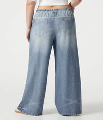 Plus Size Mid Rise Denim Print French Terry Casual Sweatpants Jeans with Pockets