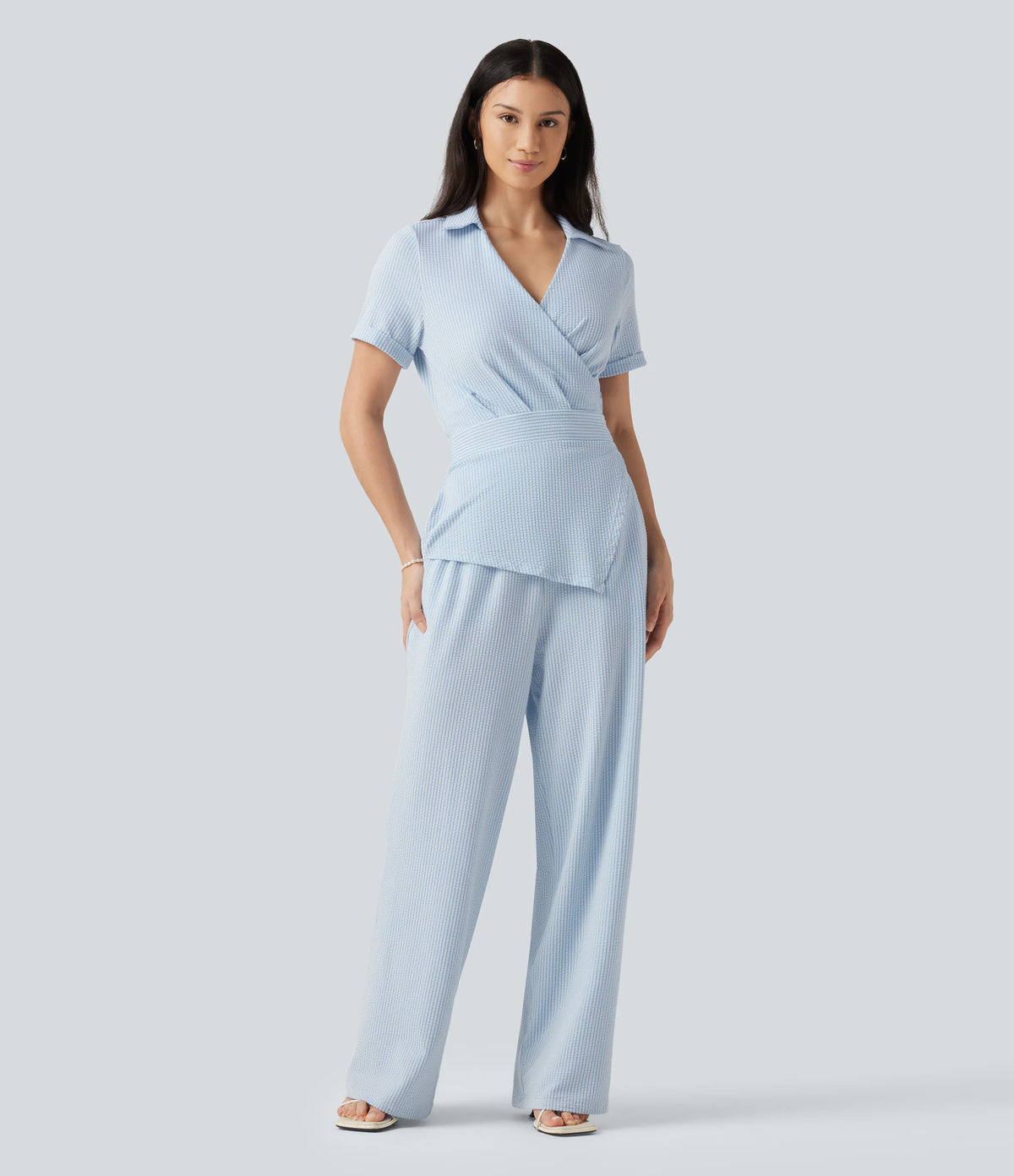 Short Sleeve Wrapped Tie Back Stripe Crinkle Cotton Casual Shirt Jumpsuit with Pockets-Easy Peezy Edition