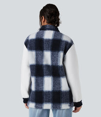 Long Sleeve Plaid Color Block Casual Sherpa Jacket with Pockets