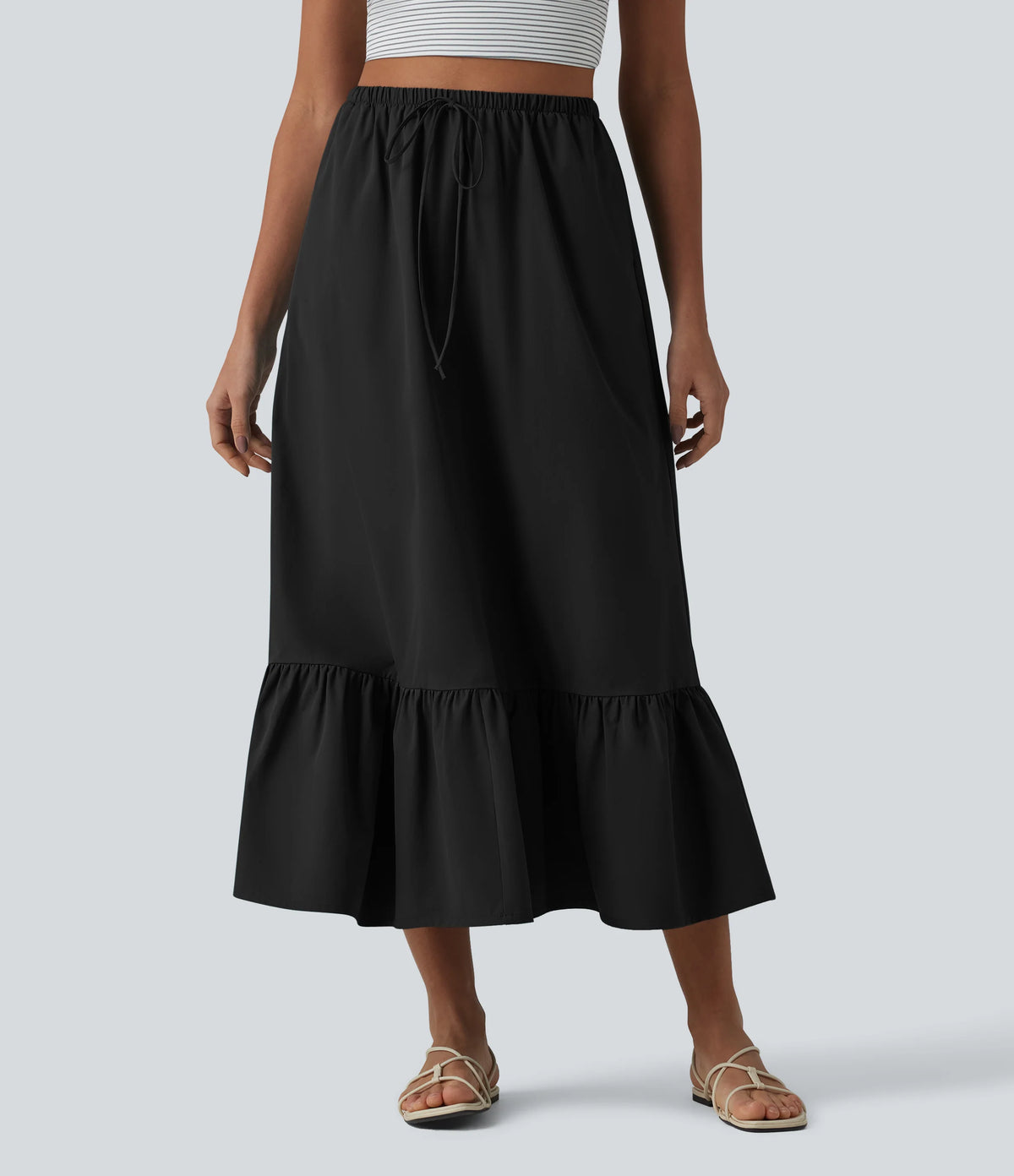 High Waisted Drawstring Ruffle Hem A-line Midi Stretchy Poplin Casual Skirt with Pockets