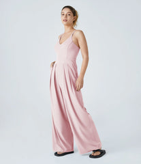 V-Neck Backless Invisible Zipper 2-in-1 Casual Slip Baggy Jumpsuit with Pockets