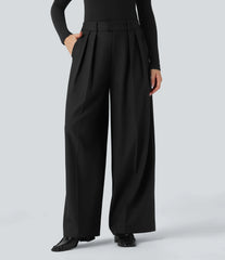 High Waisted Wide Leg Work Linen-Feel Pants with Pockets