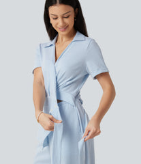 Short Sleeve Wrapped Tie Back Stripe Crinkle Cotton Casual Shirt Jumpsuit with Pockets-Easy Peezy Edition