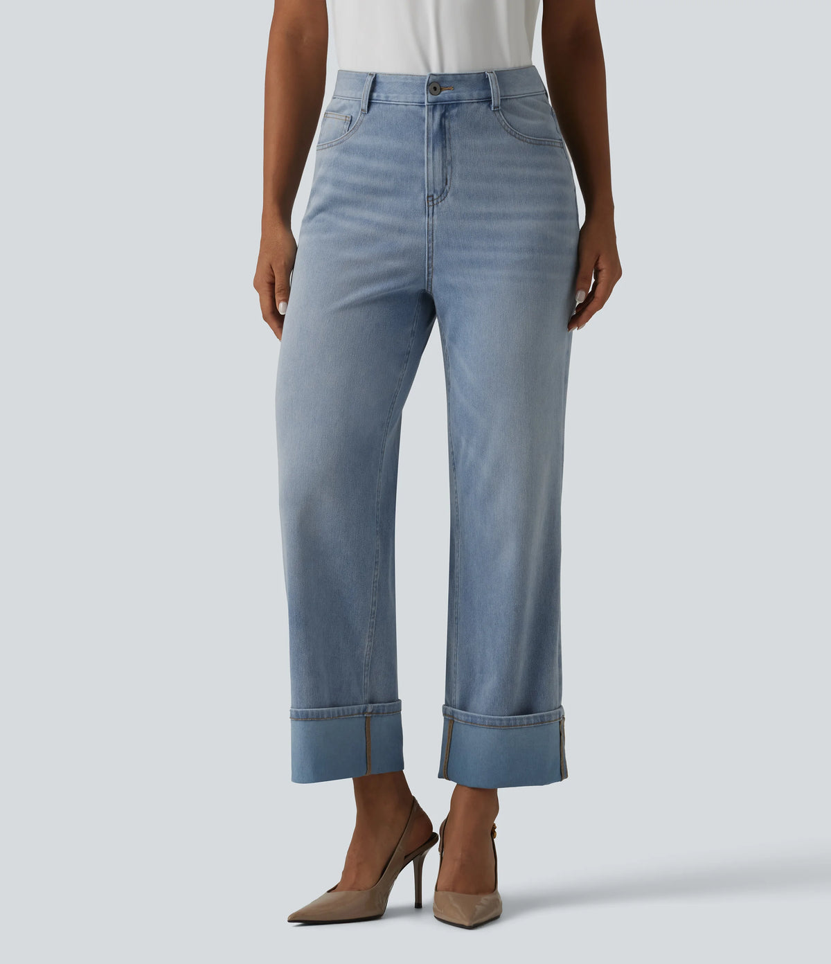Halara Flex™ High Waisted Straight Leg Washed Casual Cuffed Jeans with Pockets