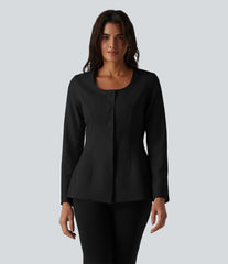Wrinkle Recovery U Neck Long Sleeve Work Linen-Feel Blazer