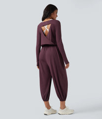 SoftlyZero™ Airy Cut-out Back Long Sleeve Thumb Holes Yoga Jumpsuit with Pockets-Easy Peezy