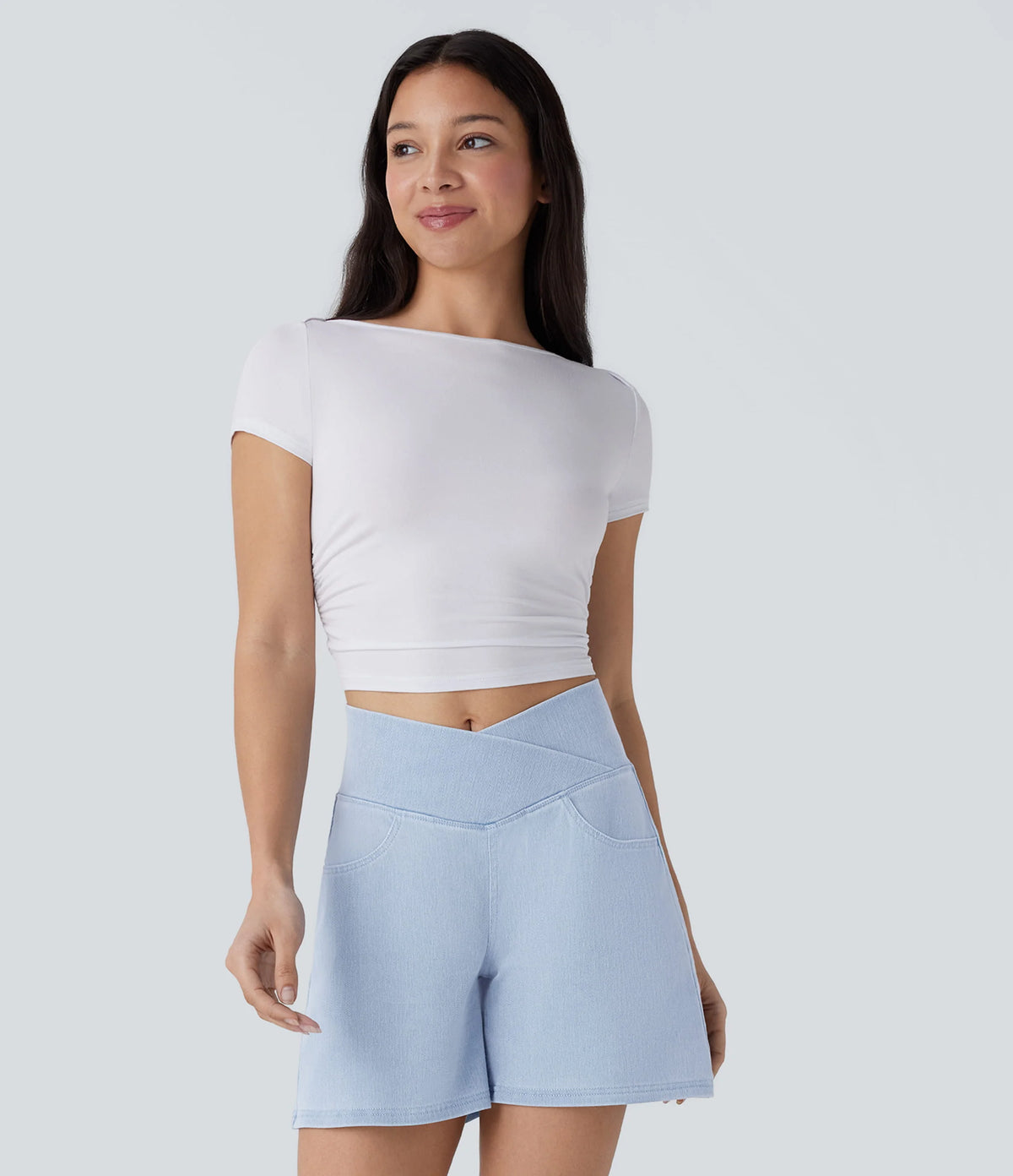 Halara Flex™ Crossover High Waisted Pockets Wide Leg A Line Washed Denim Casual Shorts