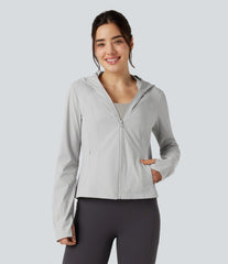 Hooded Long Sleeve Thumb Hole Zipper Hiking Jacket with Pockets-UPF40+