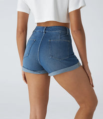 Halara Flex™ High Waisted Pockets Rolled Hem Washed Denim Casual Shorts