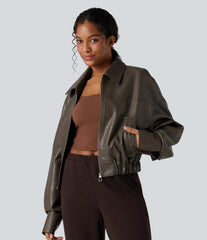 Zipper Long Sleeve Casual Faux Leather Jacket with Pockets