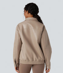Collar Long Sleeve Relaxed Casual Faux Leather PU Jacket with Pockets