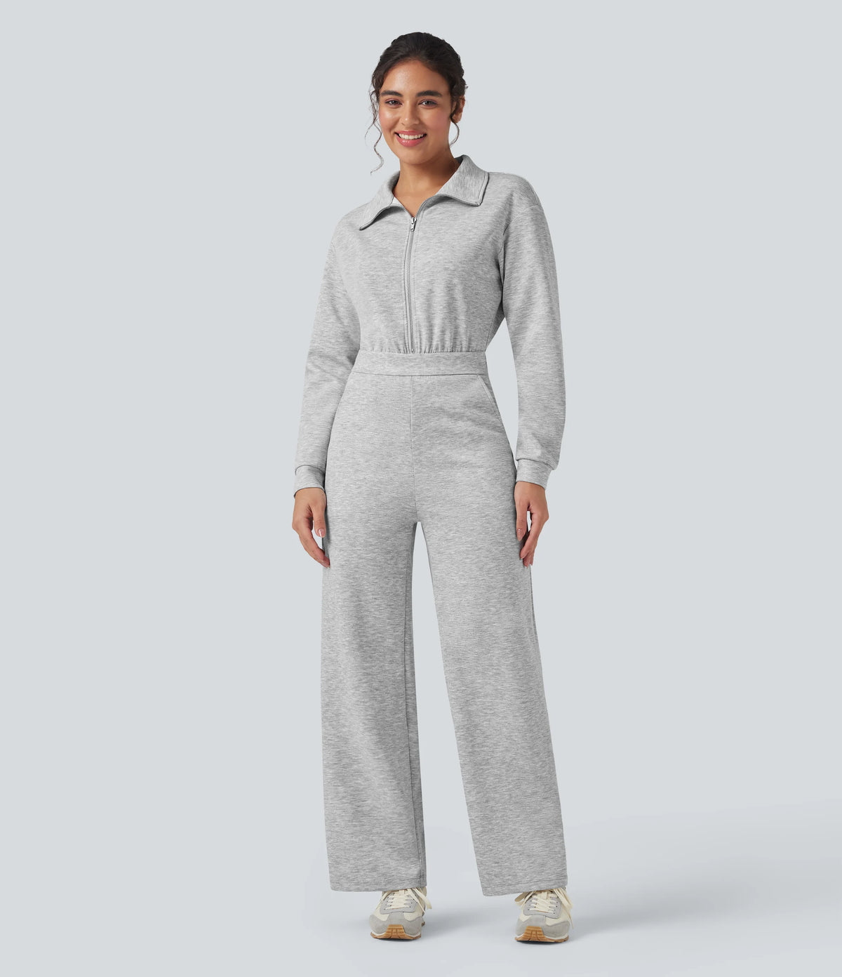 Lapel Zip Long Sleeve Casual Jumpsuit with Pockets-Easy Peezy