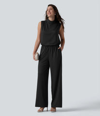Stand Collar Sleeveless Straight Leg Bridesmaid And Wedding Guest Jumpsuit with Pockets-Easy Peezy