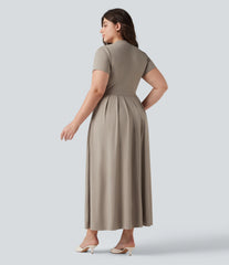 Plus Size Stand Collar Short Sleeve Flare Maxi Casual Dress with Pockets