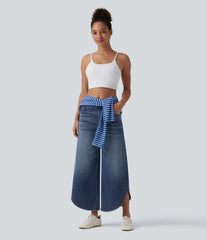 Halara Flex™ Crossover Mid Rise Curved Hem Casual Baggy Jeans with Pockets