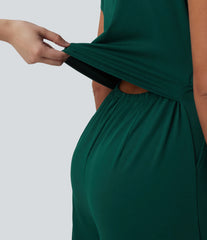 V Neck Short Sleeve Wide Leg Casual Jumpsuit with Pockets-Easy Peezy Edition