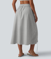 High Waisted Drawstring Stripes Midi Casual A-line Skirt with Pockets