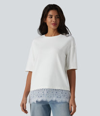 Round Neck Half Sleeve Contrast Lace Casual Cotton T-Shirt