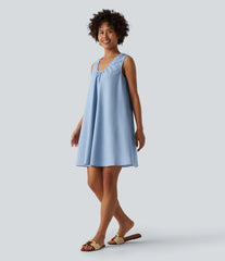 U-Neck Sleeveless Mini Denim-Like Resort Dress with Pockets