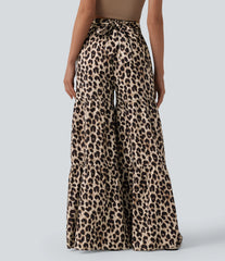 Mid Rise Tie Front Baggy Leopard Print Casual Pants with Pockets