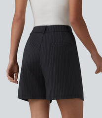 High Waisted Pleated Stripes Work Shorts with Pockets