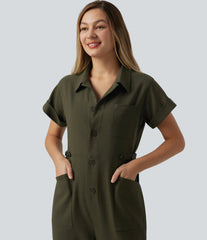 Short Sleeve Casual Jumpsuit with Pockets